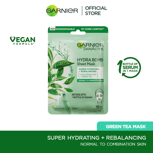 Garnier Skin Active Hydra Bomb Tissue Mask - Green tea + Hyaluronic Acid - Premium Skin Care Masks & Peels from Garnier - Just Rs 352! Shop now at Cozmetica